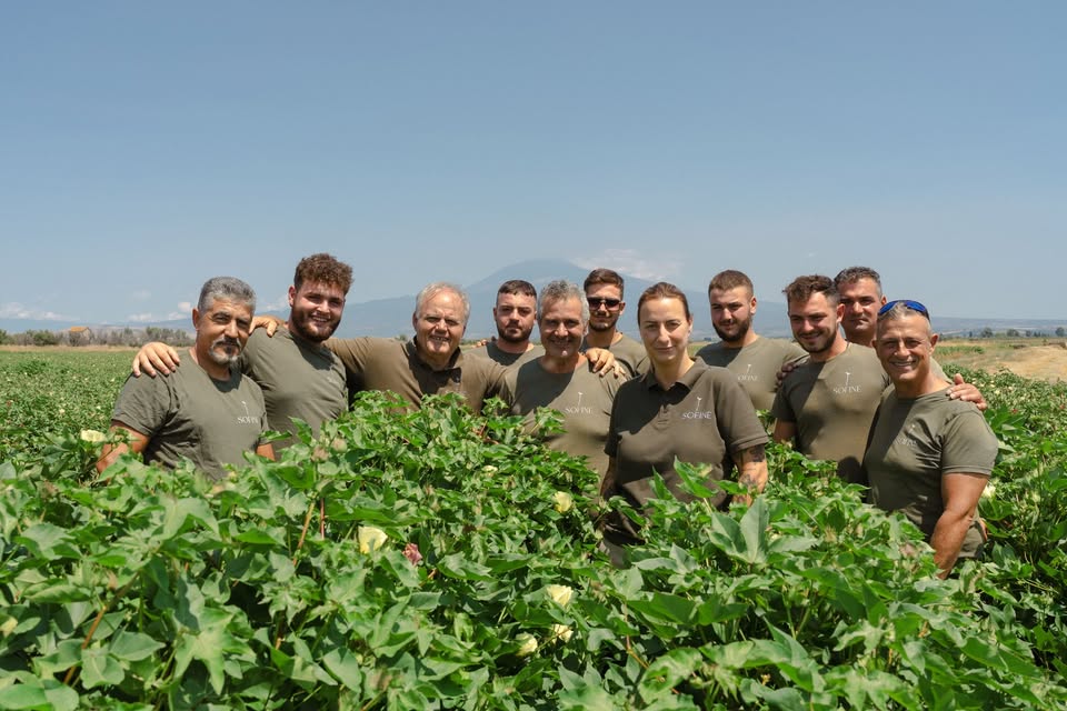 La squadra di Gloria Terrae in un campo di cotone alle pendici dell’Etna