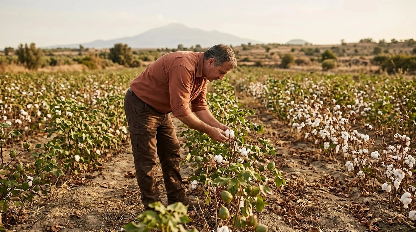 Agronomo che controlla la maturazione del cotone nel campo