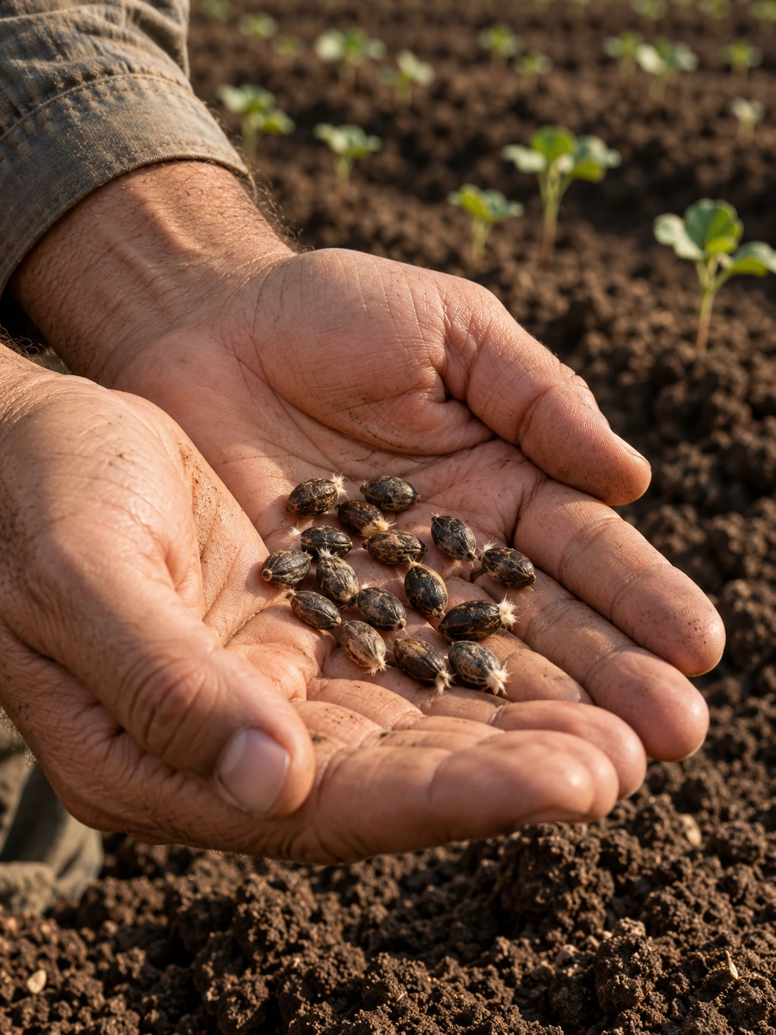 Semi di cotone nelle mani di un agricoltore