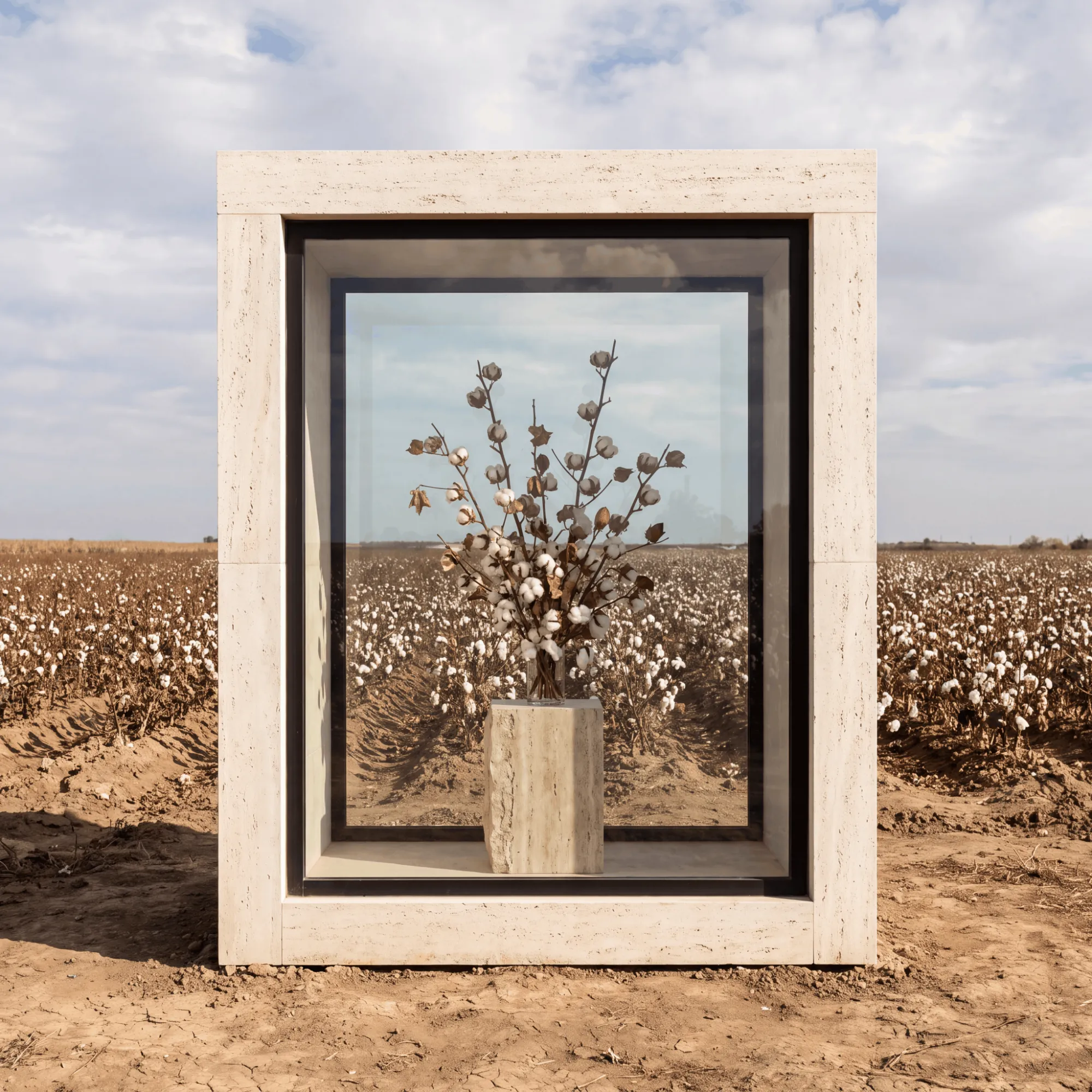 Arrangement of ornamental cotton stems displayed in a glass case in Gloria Terrae's fields