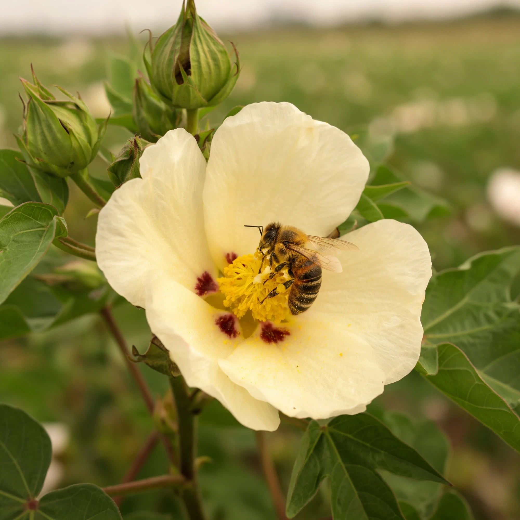 Ape impollinatrice su un fiore di cotone