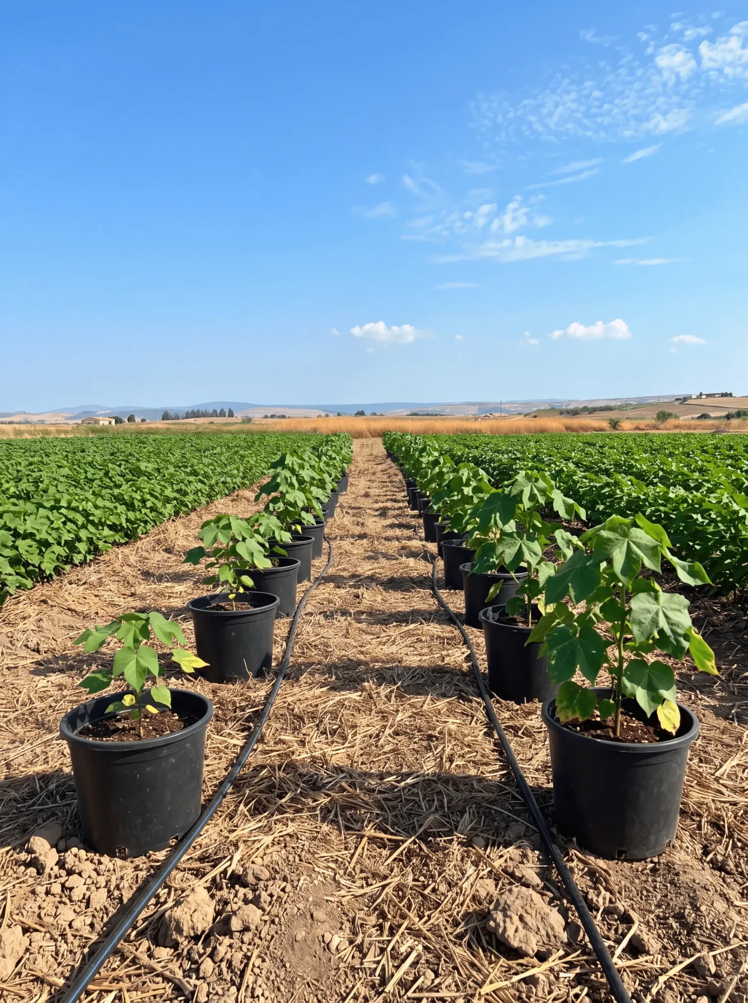 File di piantine di cotone in vaso lungo i filari del campo in Sicilia
