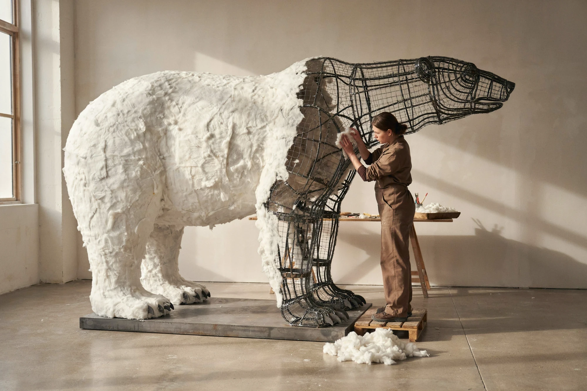 Artigiana al lavoro su una grande scultura di orso polare rivestita in cotone