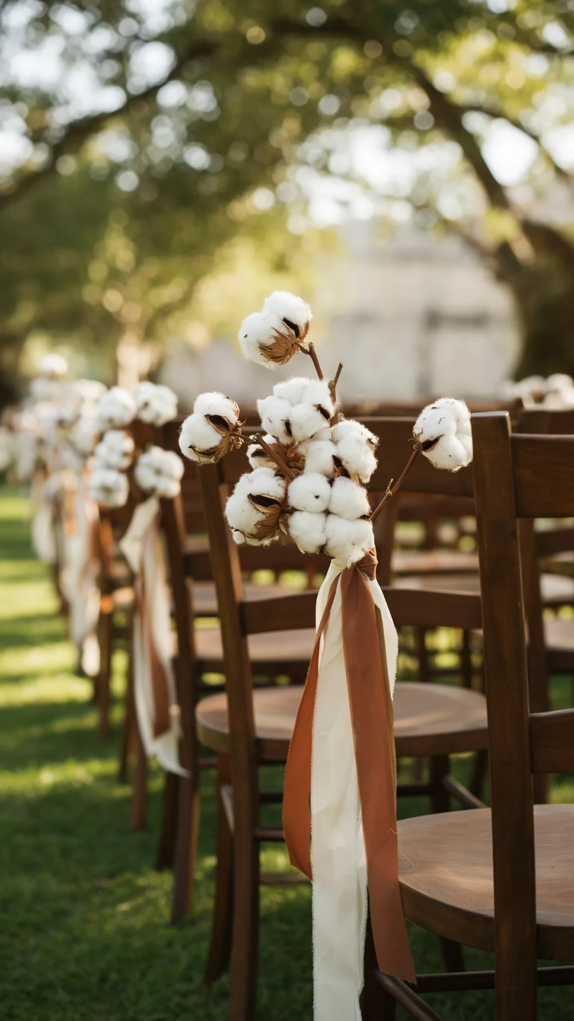 Sedie da matrimonio decorate con rami di cotone ornamentale e nastri