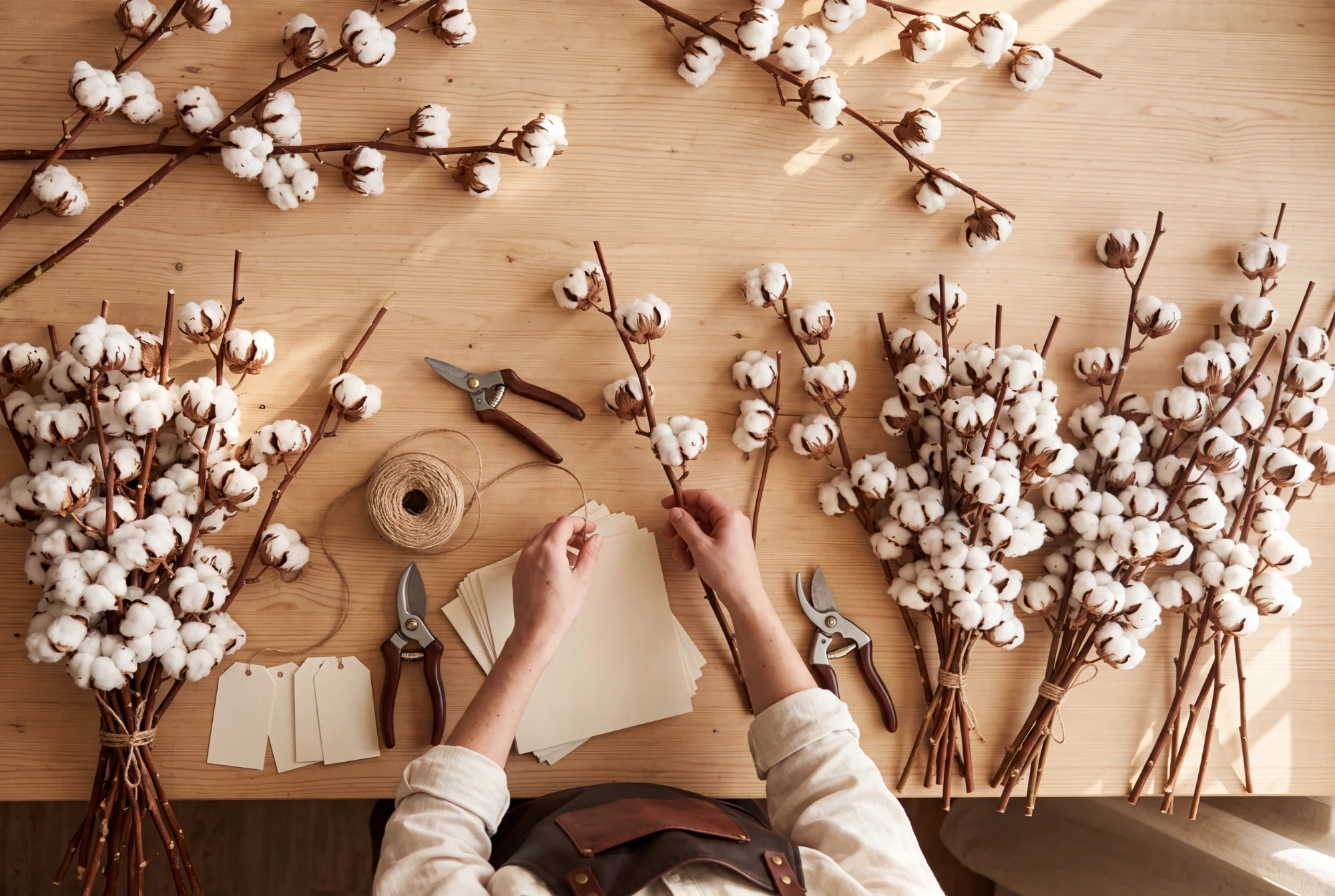 Mani al lavoro nella preparazione di bouquet di steli di cotone ornamentale