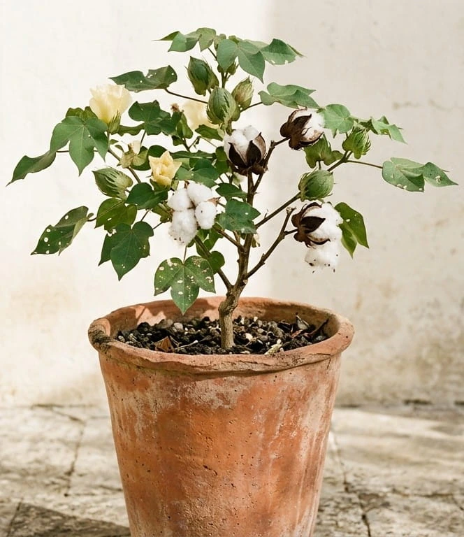 Pianta di cotone coltivata in un vaso di terracotta