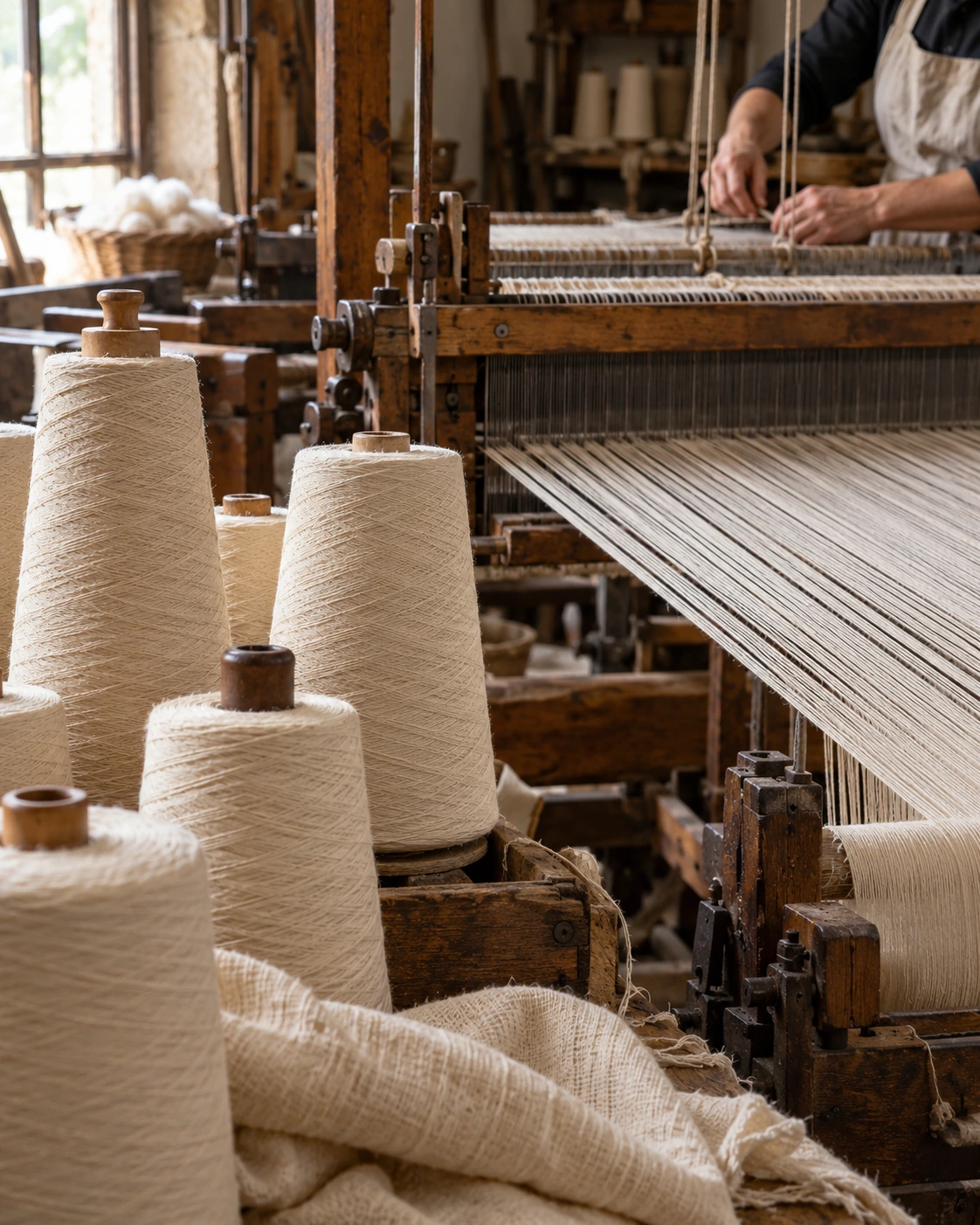 Filati di cotone e ordito su un telaio tessile