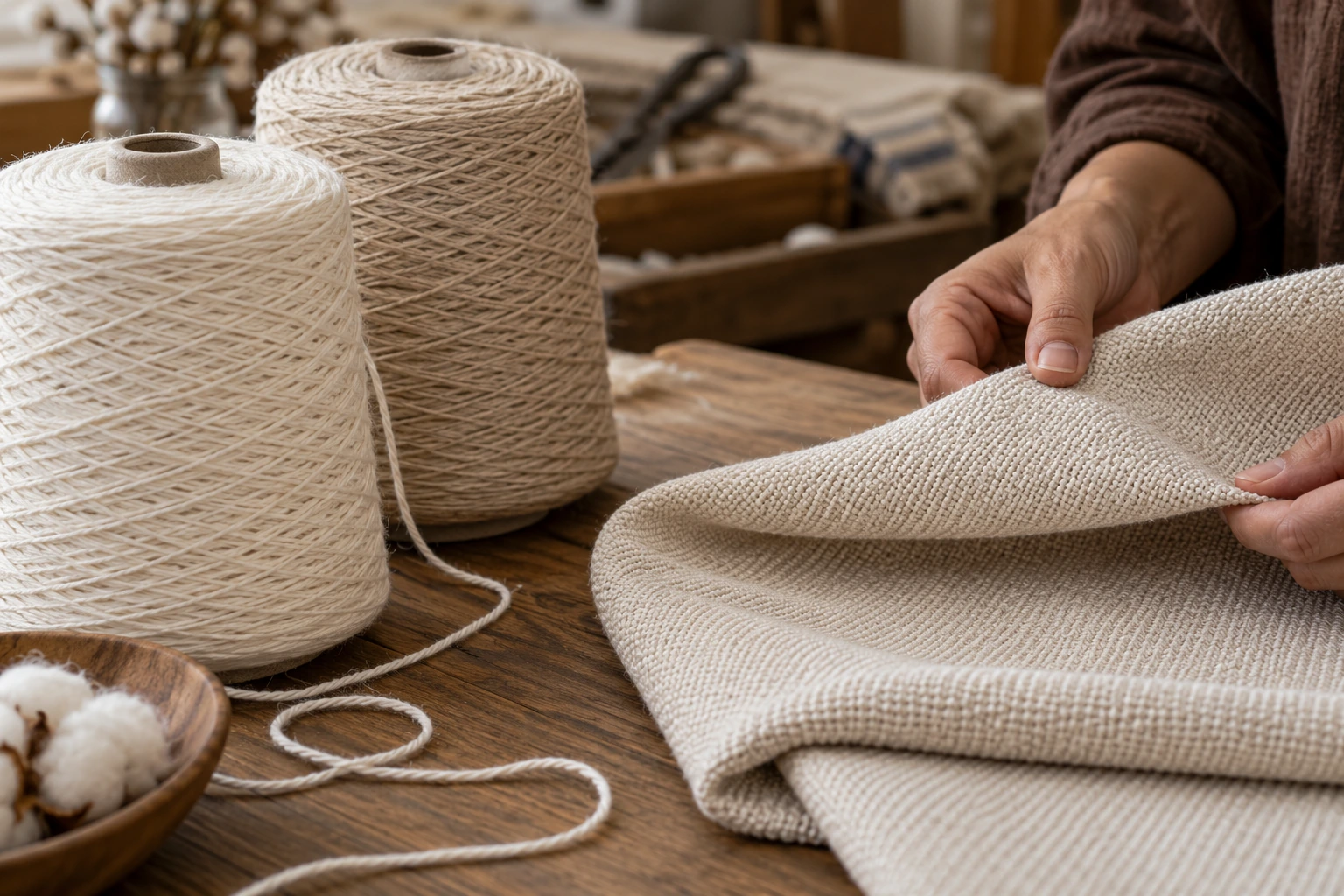 Filati e trama di un campione di tessuto di cotone