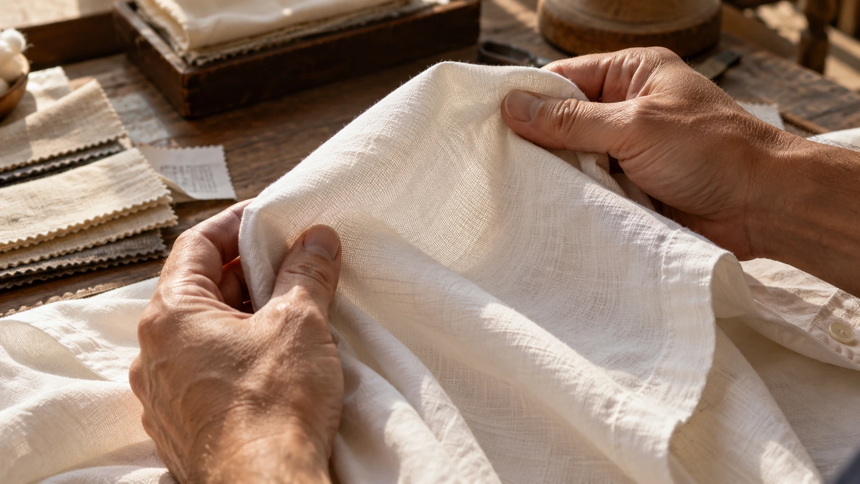 Mani che valutano trama e consistenza di un tessuto di cotone
